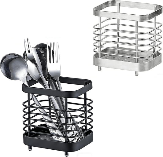 2 PCS Utensil Holder Stainless Steel Drying Rack Flatware Drainer Caddy | Kitchen Counter Cutlery Silverware Forks, Knives, Spoons, Chopsticks Organizer (Black, Silver)