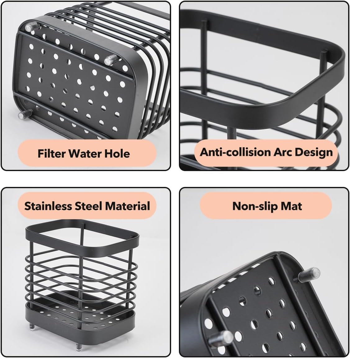 2 PCS Utensil Holder Stainless Steel Drying Rack Flatware Drainer Caddy | Kitchen Counter Cutlery Silverware Forks, Knives, Spoons, Chopsticks Organizer (Black, Silver)