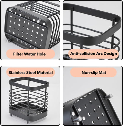 2 PCS Utensil Holder Stainless Steel Drying Rack Flatware Drainer Caddy | Kitchen Counter Cutlery Silverware Forks, Knives, Spoons, Chopsticks Organizer (Black, Silver)