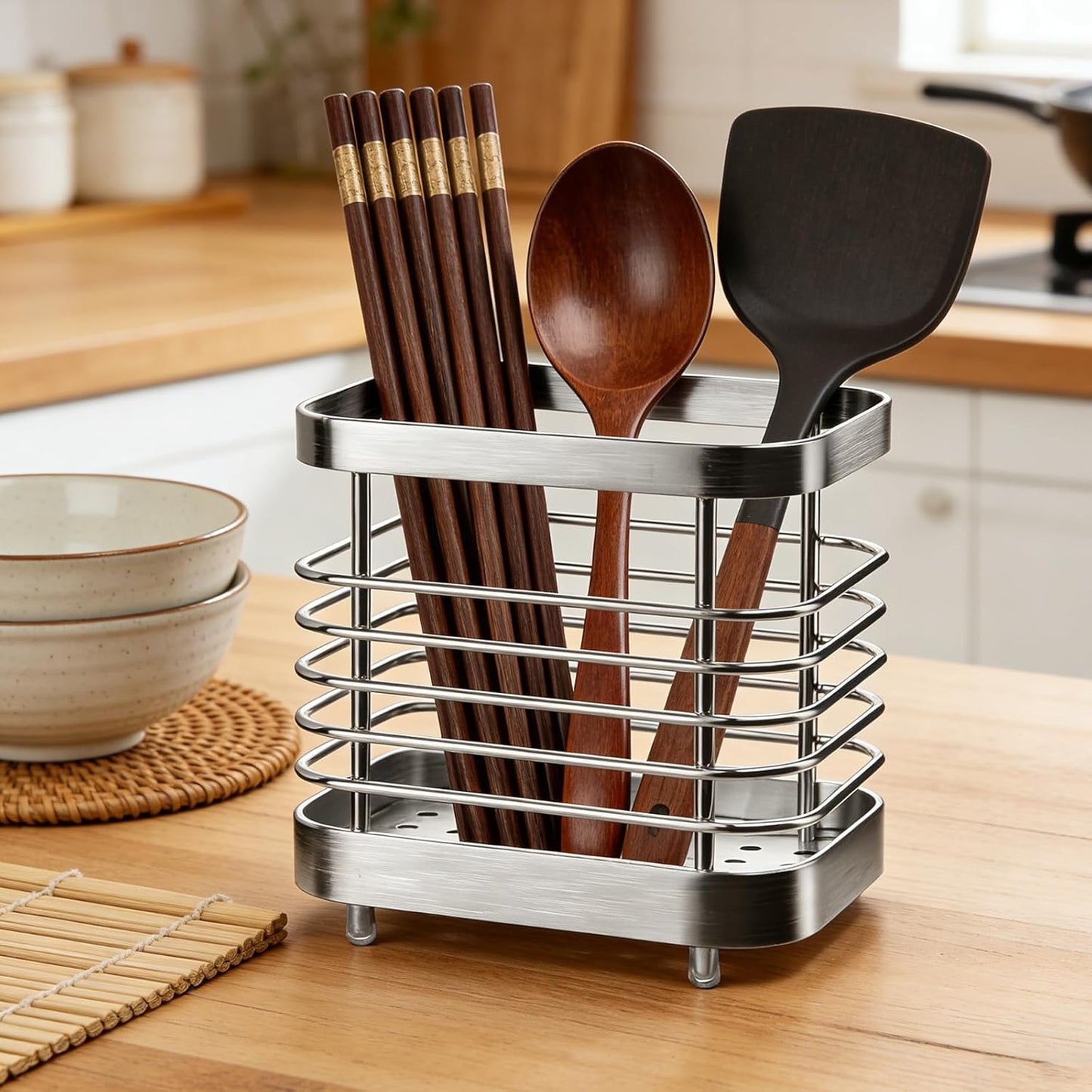 2 PCS Utensil Holder Stainless Steel Drying Rack Flatware Drainer Caddy | Kitchen Counter Cutlery Silverware Forks, Knives, Spoons, Chopsticks Organizer (Black, Silver)