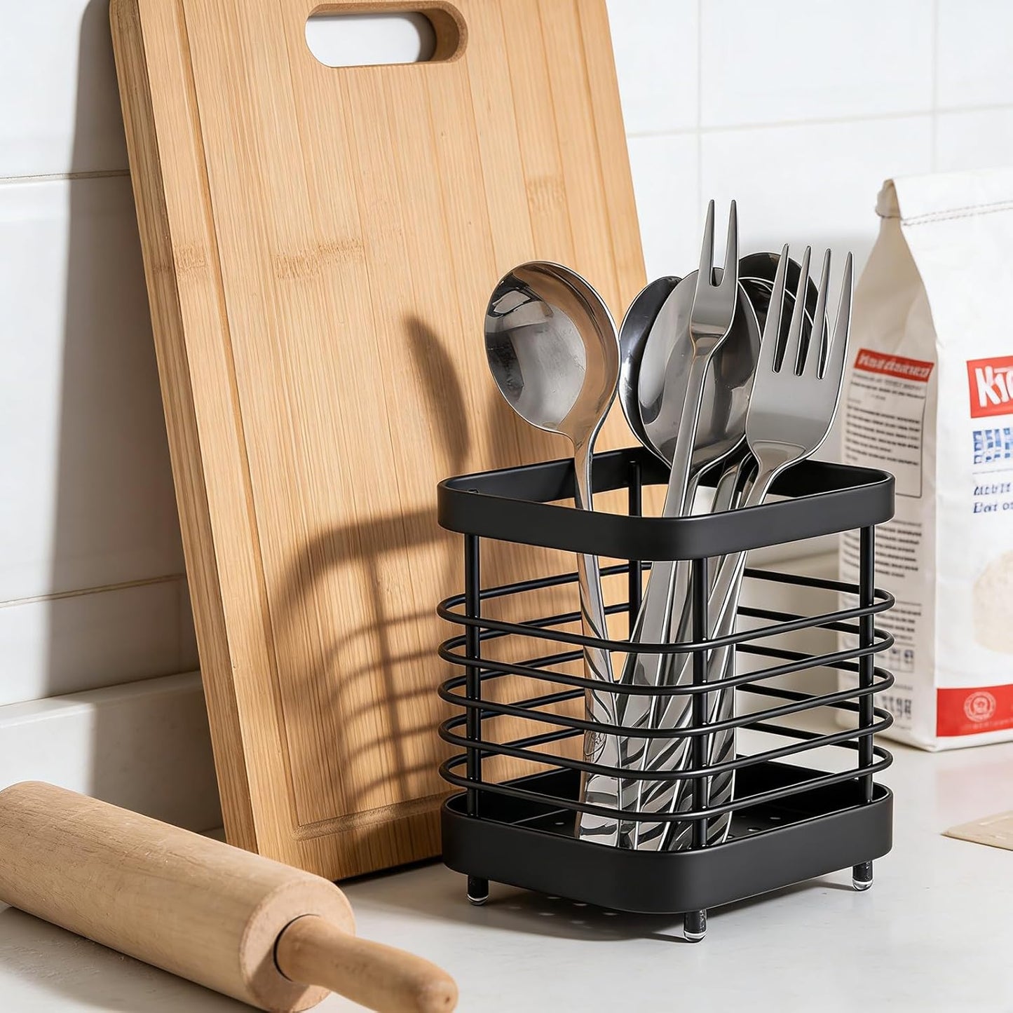 2 PCS Utensil Holder Stainless Steel Drying Rack Flatware Drainer Caddy | Kitchen Counter Cutlery Silverware Forks, Knives, Spoons, Chopsticks Organizer (Black, Silver)