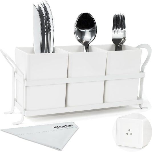 KAQAHIDO Utensil Caddy with Drain Holes, White | Cutlery Organizer for Kitchen Countertop Drawer, 3pcs Bins Set Silverware Holder for Spoon, Fork and Knife