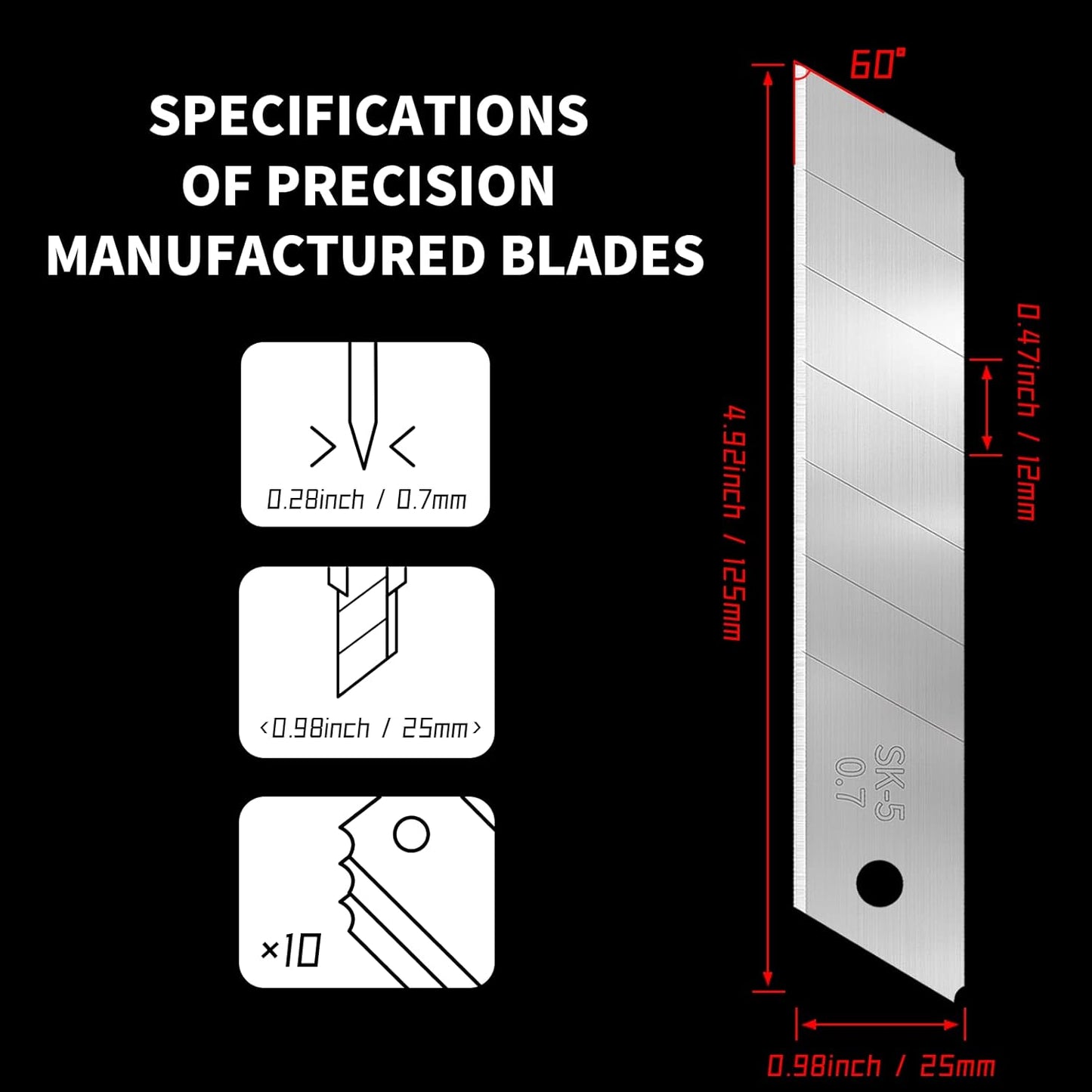 50-Pack 25MM Utility Knife Blades, Snap off Knife Blades for Retractable Box Cutters and Knife, SK5 Blades in Bulk Pack. 10pc ×5c