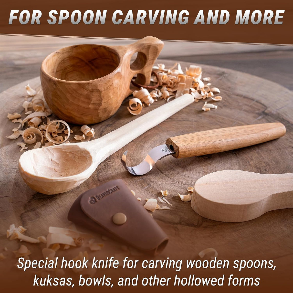 Hook Knife Wood Spoon Carving Tools SK1S – Spoon Carving Knife High Carbon Steel - Whittling Knives with Leather Sheath – Curved Knives Right Handed – Gouge for Spoons & Bowls