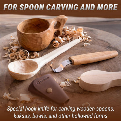 Hook Knife Wood Spoon Carving Tools SK1S – Spoon Carving Knife High Carbon Steel - Whittling Knives with Leather Sheath – Curved Knives Right Handed – Gouge for Spoons & Bowls