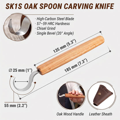Hook Knife Wood Spoon Carving Tools SK1S – Spoon Carving Knife High Carbon Steel - Whittling Knives with Leather Sheath – Curved Knives Right Handed – Gouge for Spoons & Bowls