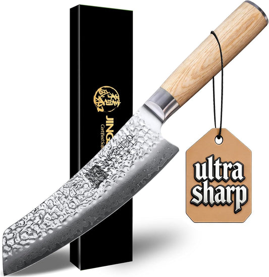 Japanese Santoku Knife 7in,Lab Tested Ultra Long-lasting Sharp | VG-10 Core HRC60-62 Damascus High Carbon Steel,Ergonomic Design and Well Balance,Professional Premium Forged Kitchen Knife
