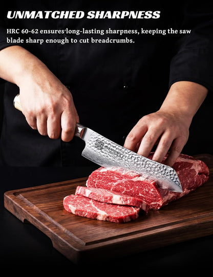 Japanese Santoku Knife 7in,Lab Tested Ultra Long-lasting Sharp | VG-10 Core HRC60-62 Damascus High Carbon Steel,Ergonomic Design and Well Balance,Professional Premium Forged Kitchen Knife