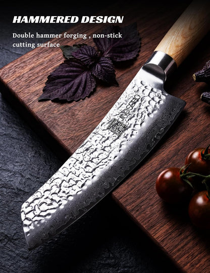 Japanese Santoku Knife 7in,Lab Tested Ultra Long-lasting Sharp | VG-10 Core HRC60-62 Damascus High Carbon Steel,Ergonomic Design and Well Balance,Professional Premium Forged Kitchen Knife