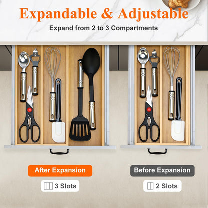 Large Bamboo Kitchen Utensil Drawer Organizer Expandable Silverware Tray | Big Cooking Utensil Drawer Divider Spoon Flatware Organizer Storage Adjustable Wooden Cutlery Holder Tool Knife Spatula Tray