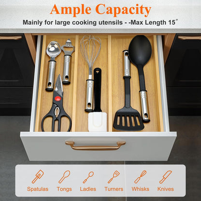 Large Bamboo Kitchen Utensil Drawer Organizer Expandable Silverware Tray | Big Cooking Utensil Drawer Divider Spoon Flatware Organizer Storage Adjustable Wooden Cutlery Holder Tool Knife Spatula Tray