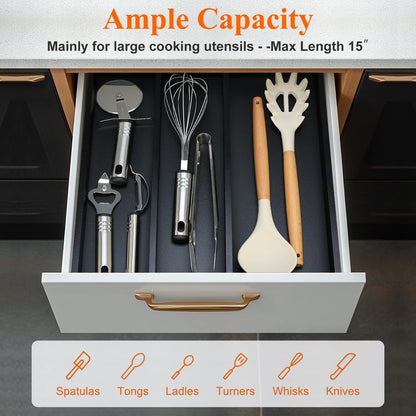 Large Bamboo Kitchen Utensil Drawer Organizer Expandable Silverware Tray | Big Cooking Utensil Drawer Divider Spoon Flatware Organizer Storage Adjustable Wooden Cutlery Holder Tool Knife Spatula Tray