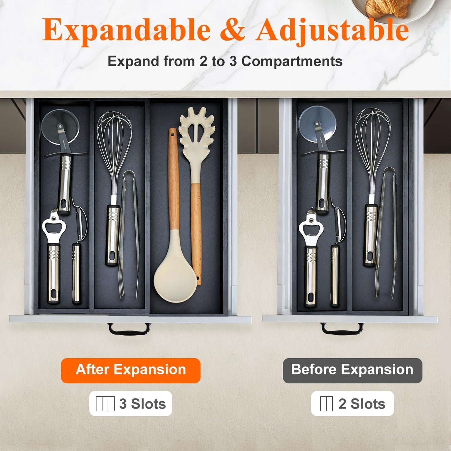 Large Bamboo Kitchen Utensil Drawer Organizer Expandable Silverware Tray | Big Cooking Utensil Drawer Divider Spoon Flatware Organizer Storage Adjustable Wooden Cutlery Holder Tool Knife Spatula Tray