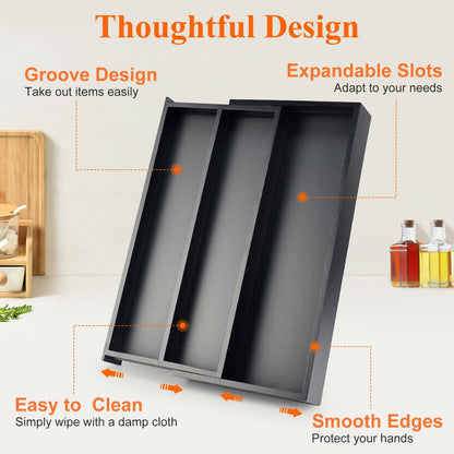 Large Bamboo Kitchen Utensil Drawer Organizer Expandable Silverware Tray | Big Cooking Utensil Drawer Divider Spoon Flatware Organizer Storage Adjustable Wooden Cutlery Holder Tool Knife Spatula Tray