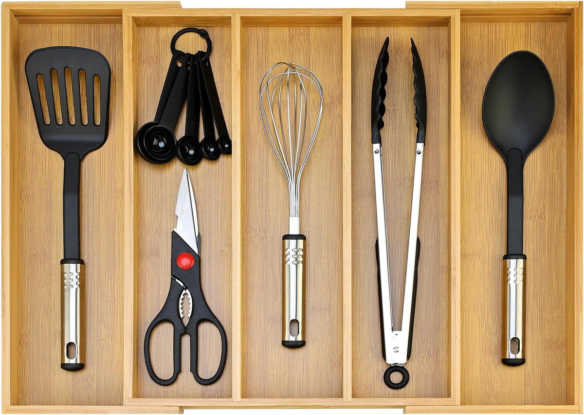 Large Bamboo Kitchen Utensil Drawer Organizer Expandable Silverware Tray | Big Cooking Utensil Drawer Divider Spoon Flatware Organizer Storage Adjustable Wooden Cutlery Holder Tool Knife Spatula Tray
