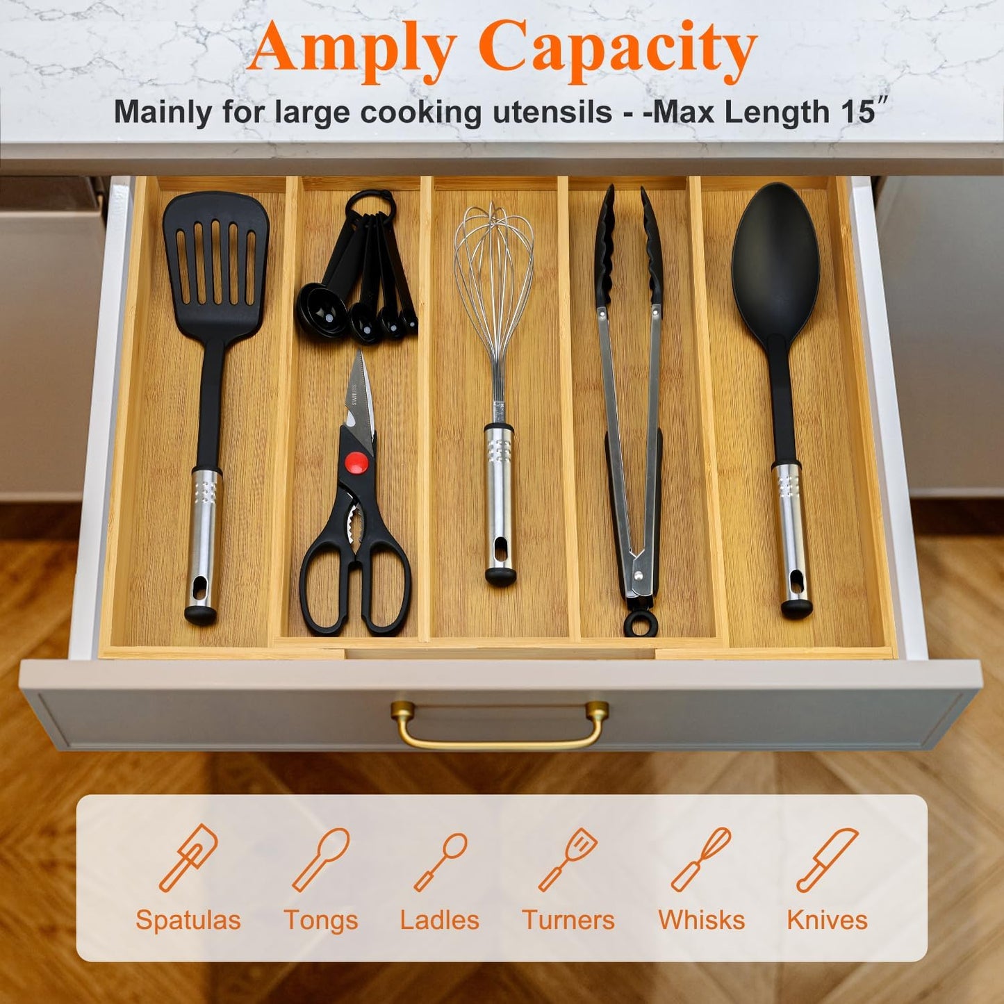 Large Bamboo Kitchen Utensil Drawer Organizer Expandable Silverware Tray | Big Cooking Utensil Drawer Divider Spoon Flatware Organizer Storage Adjustable Wooden Cutlery Holder Tool Knife Spatula Tray