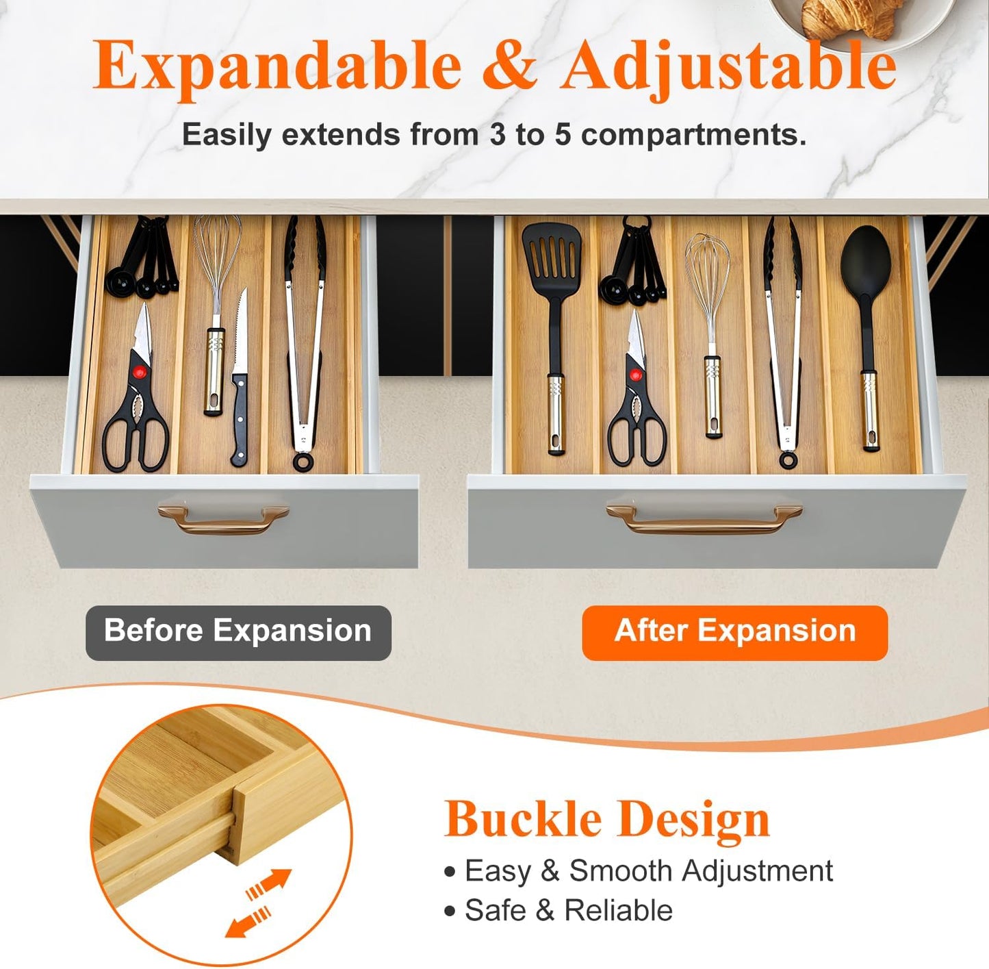 Large Bamboo Kitchen Utensil Drawer Organizer Expandable Silverware Tray | Big Cooking Utensil Drawer Divider Spoon Flatware Organizer Storage Adjustable Wooden Cutlery Holder Tool Knife Spatula Tray