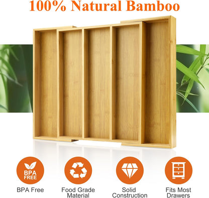 Large Bamboo Kitchen Utensil Drawer Organizer Expandable Silverware Tray | Big Cooking Utensil Drawer Divider Spoon Flatware Organizer Storage Adjustable Wooden Cutlery Holder Tool Knife Spatula Tray