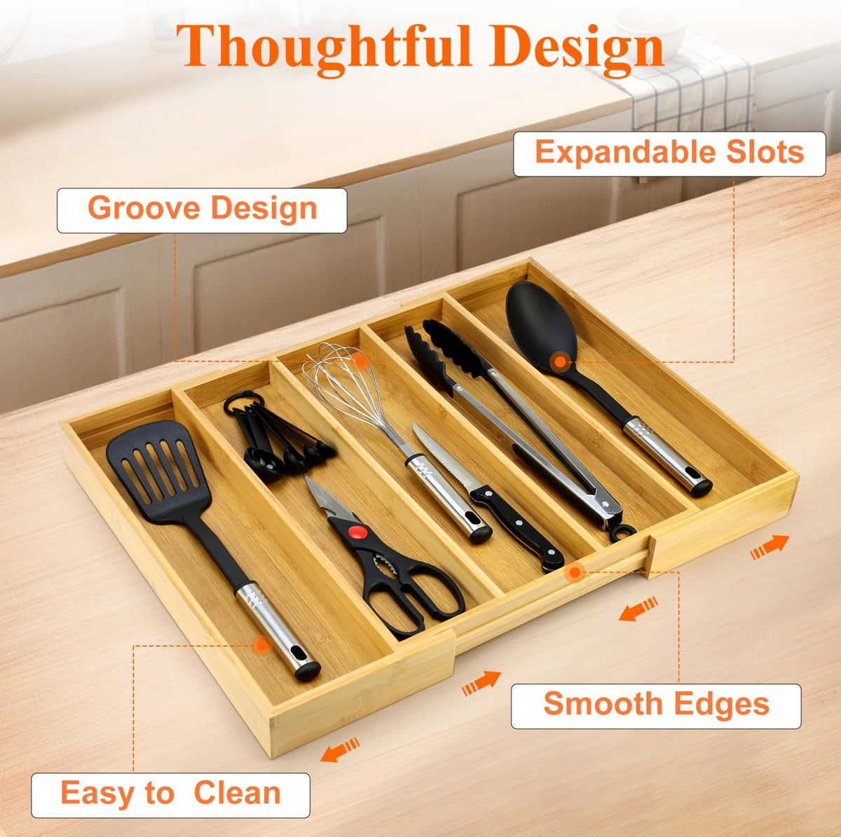 Large Bamboo Kitchen Utensil Drawer Organizer Expandable Silverware Tray | Big Cooking Utensil Drawer Divider Spoon Flatware Organizer Storage Adjustable Wooden Cutlery Holder Tool Knife Spatula Tray