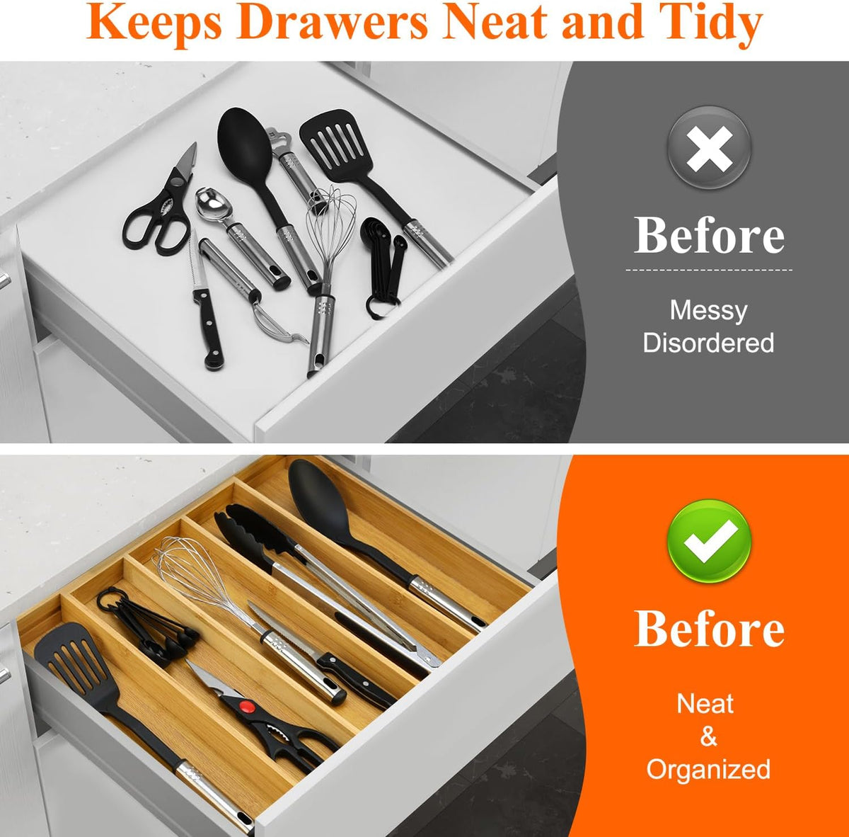 Large Bamboo Kitchen Utensil Drawer Organizer Expandable Silverware Tray | Big Cooking Utensil Drawer Divider Spoon Flatware Organizer Storage Adjustable Wooden Cutlery Holder Tool Knife Spatula Tray