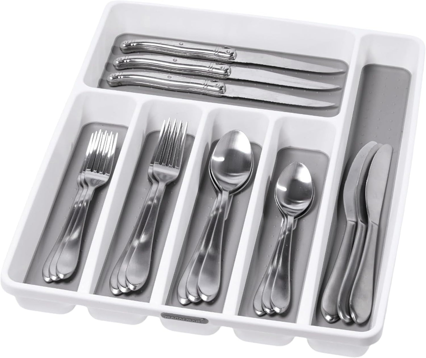 Premium Silverware Tray, 6 Compartment Flatware Organizer for Forks, Knives & Spoons,Non Slip, Soft Grip Lining, Durable Drawer Organizer, White