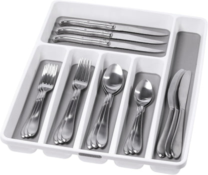 Premium Silverware Tray, 6 Compartment Flatware Organizer for Forks, Knives & Spoons,Non Slip, Soft Grip Lining, Durable Drawer Organizer, White
