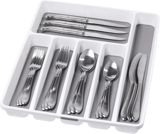 Premium Silverware Tray, 6 Compartment Flatware Organizer for Forks, Knives & Spoons,Non Slip, Soft Grip Lining, Durable Drawer Organizer, White