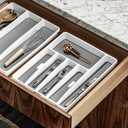 Premium Silverware Tray, 6 Compartment Flatware Organizer for Forks, Knives & Spoons,Non Slip, Soft Grip Lining, Durable Drawer Organizer, White