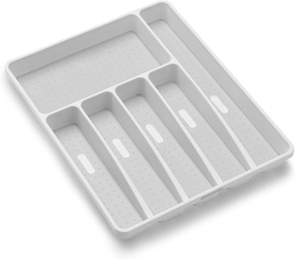 Premium Silverware Tray, 6 Compartment Flatware Organizer for Forks, Knives & Spoons,Non Slip, Soft Grip Lining, Durable Drawer Organizer, White