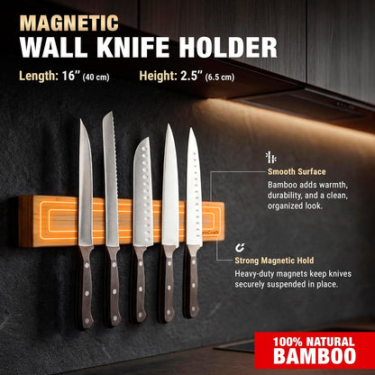 Magnetic Knife Holder for Wall, 16 Inch Bamboo Knife Strip, Wooden Knife Rack with Strong Magnets, Wall Mounted Kitchen Utensil Organizer & Storage Bar