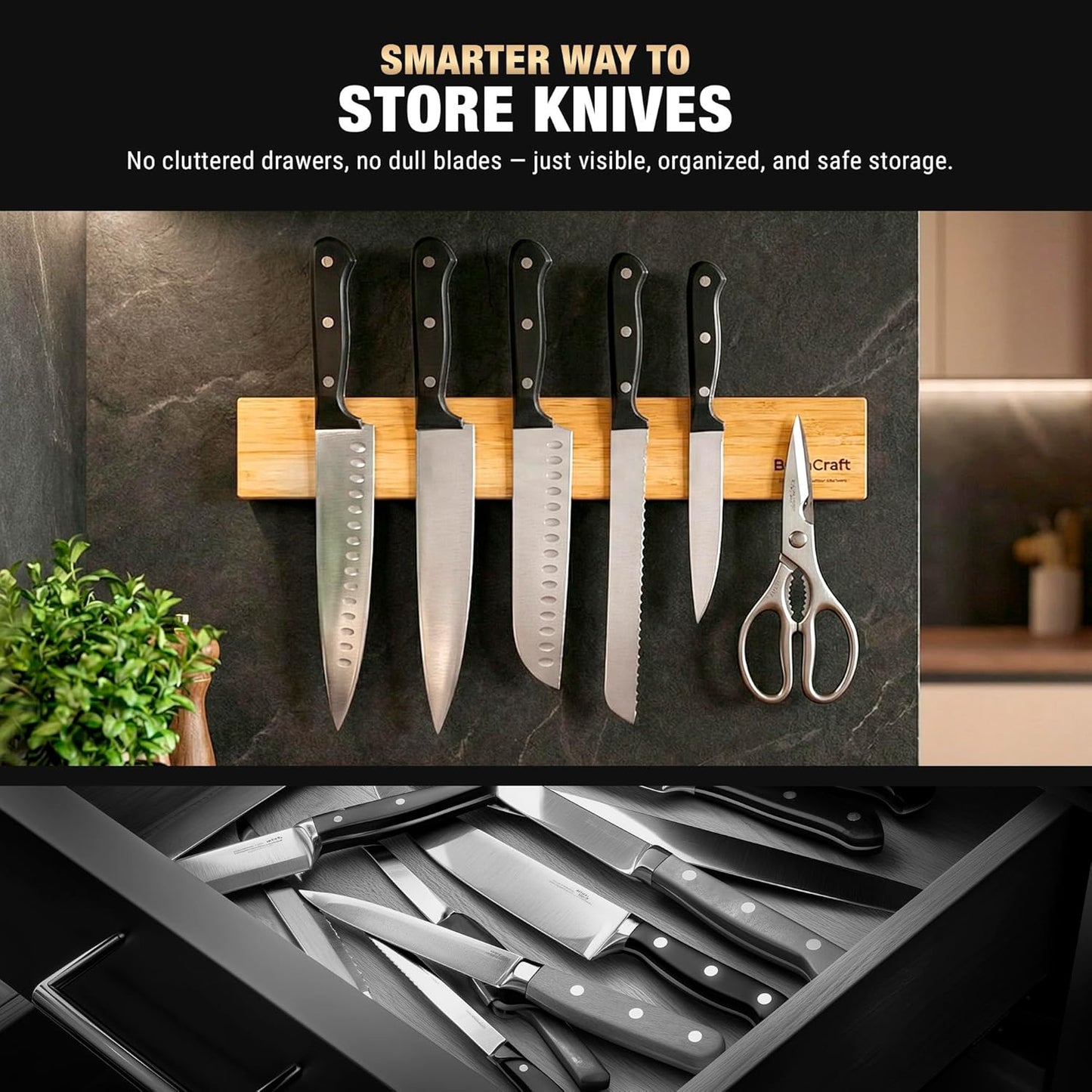 Magnetic Knife Holder for Wall, 16 Inch Bamboo Knife Strip, Wooden Knife Rack with Strong Magnets, Wall Mounted Kitchen Utensil Organizer & Storage Bar