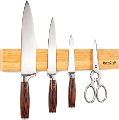 Magnetic Knife Holder for Wall, 16 Inch Bamboo Knife Strip, Wooden Knife Rack with Strong Magnets, Wall Mounted Kitchen Utensil Organizer & Storage Bar