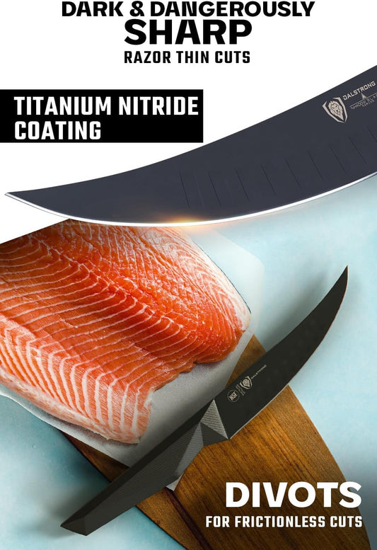 Fillet Knife - 6 inch - Shadow Black Series - Black Titanium Nitride Coated - High Carbon 7CR17MOV-X Vacuum Treated Steel - Meat, Boning Knife - Sheath - NSF Certified