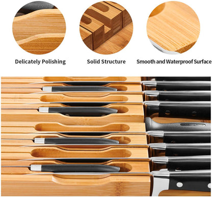 VaeFae In-Drawer Knife Block,Bamboo Knife Drawer Organizer Insert, Kitchen Knife Drawer Storage for 16 Knives PLUS a Slot for your Knife Sharpener (Without Knives)