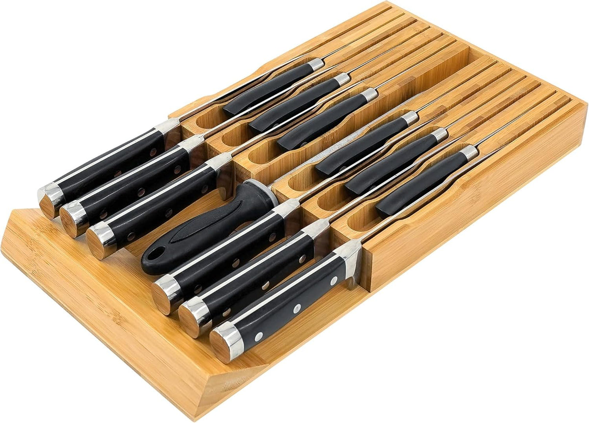 VaeFae In-Drawer Knife Block,Bamboo Knife Drawer Organizer Insert, Kitchen Knife Drawer Storage for 16 Knives PLUS a Slot for your Knife Sharpener (Without Knives)