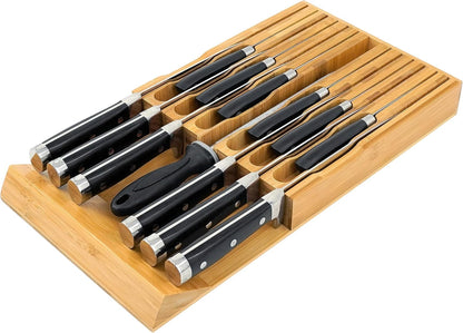 VaeFae In-Drawer Knife Block,Bamboo Knife Drawer Organizer Insert, Kitchen Knife Drawer Storage for 16 Knives PLUS a Slot for your Knife Sharpener (Without Knives)