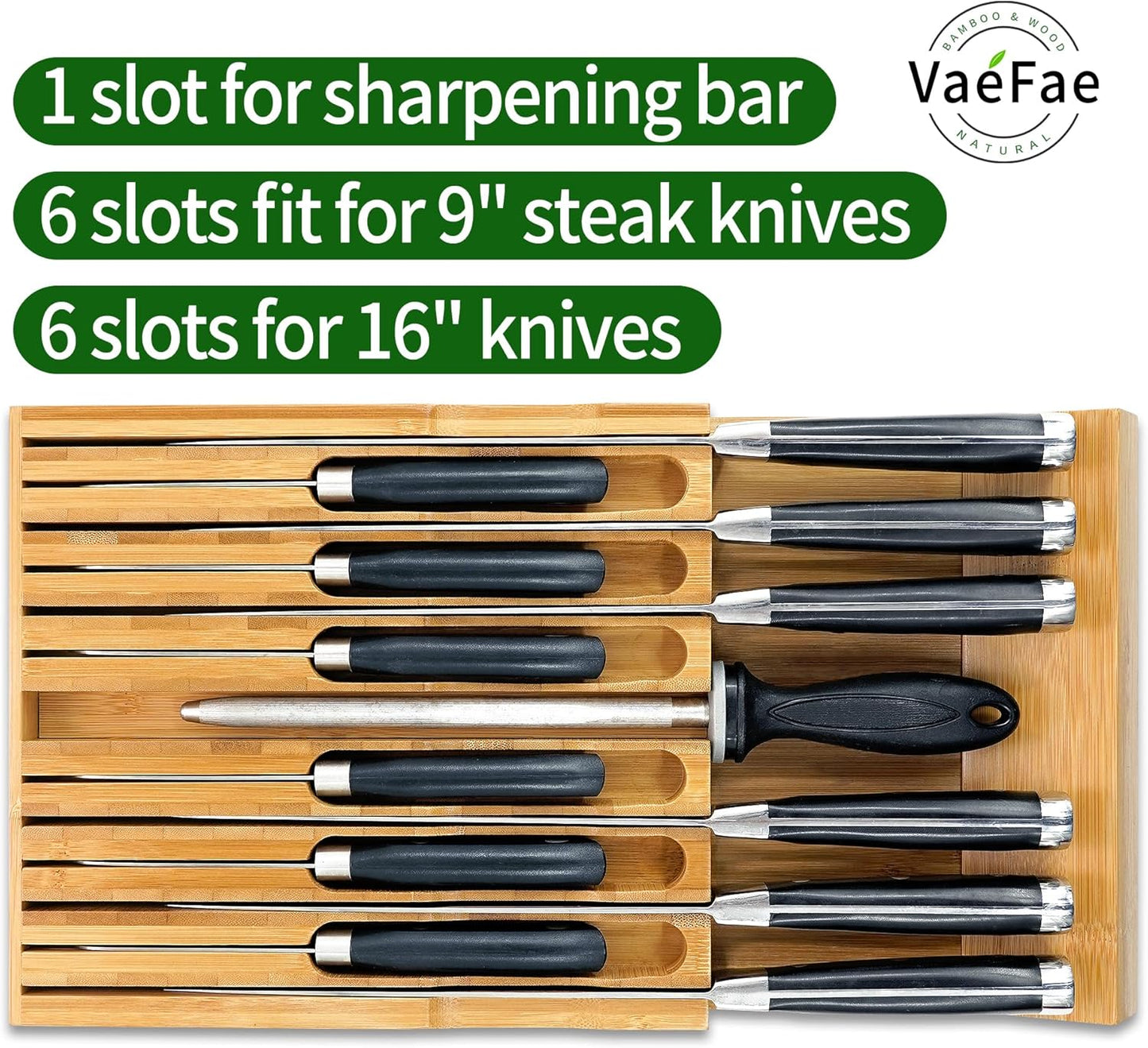 VaeFae In-Drawer Knife Block,Bamboo Knife Drawer Organizer Insert, Kitchen Knife Drawer Storage for 16 Knives PLUS a Slot for your Knife Sharpener (Without Knives)