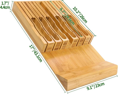 VaeFae In-Drawer Knife Block,Bamboo Knife Drawer Organizer Insert, Kitchen Knife Drawer Storage for 16 Knives PLUS a Slot for your Knife Sharpener (Without Knives)