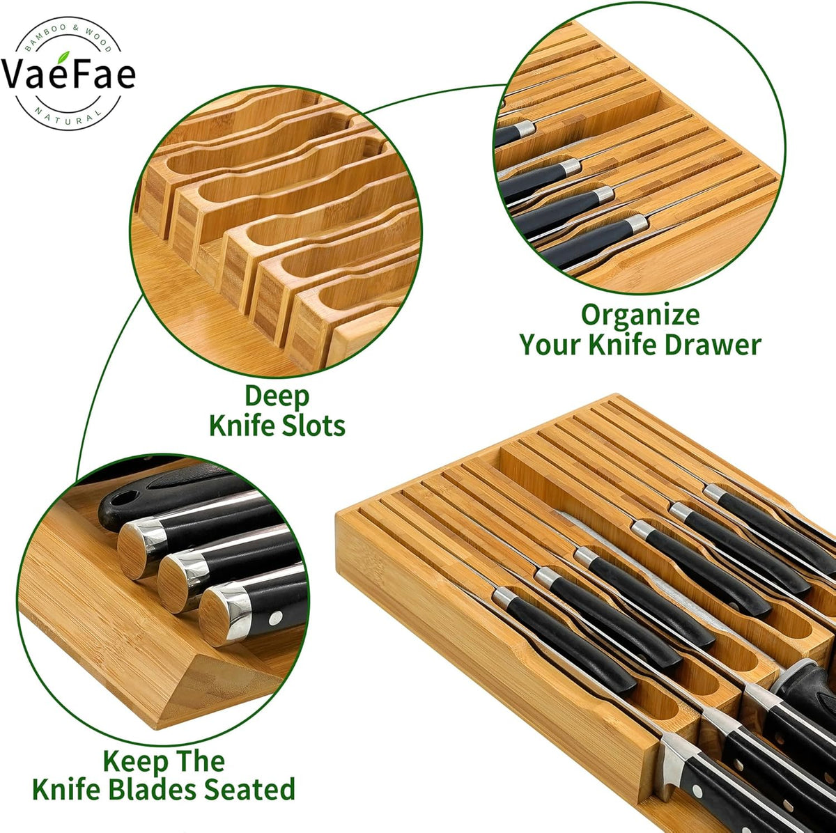 VaeFae In-Drawer Knife Block,Bamboo Knife Drawer Organizer Insert, Kitchen Knife Drawer Storage for 16 Knives PLUS a Slot for your Knife Sharpener (Without Knives)