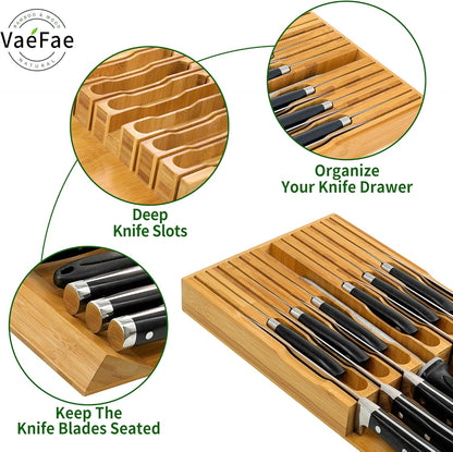 VaeFae In-Drawer Knife Block,Bamboo Knife Drawer Organizer Insert, Kitchen Knife Drawer Storage for 16 Knives PLUS a Slot for your Knife Sharpener (Without Knives)