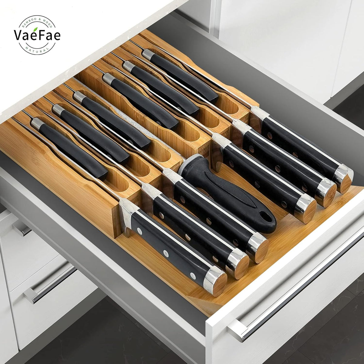 VaeFae In-Drawer Knife Block,Bamboo Knife Drawer Organizer Insert, Kitchen Knife Drawer Storage for 16 Knives PLUS a Slot for your Knife Sharpener (Without Knives)