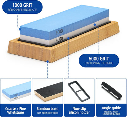 Premium Whetstone Knife Sharpening System – 1000/6000 Grit Whetstone Knife Sharpener Kit with Angle Guide & Non-Slip Bamboo Base