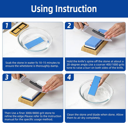Premium Whetstone Knife Sharpening System – 1000/6000 Grit Whetstone Knife Sharpener Kit with Angle Guide & Non-Slip Bamboo Base