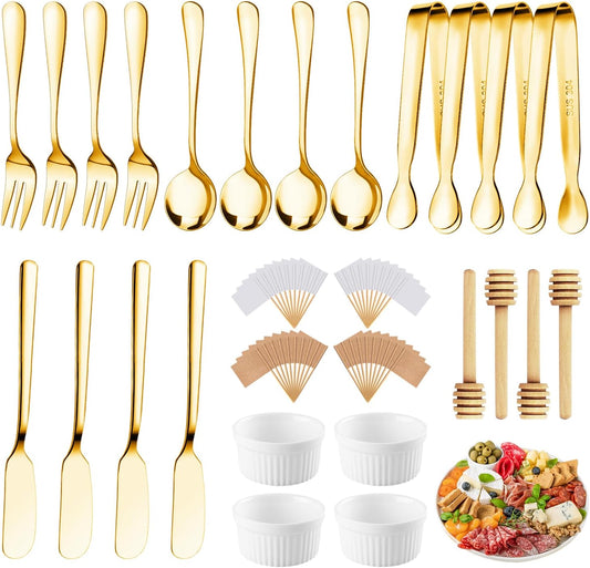 Charcuterie Boards Accessories 64Pcs Cheese Butter Spreader Knives Set Charcuterie Utensils Mini Serving Spoons and Forks Small Serving Tongs Sauce Cups Honey Dippers Toothpick Flags for Pastry Making