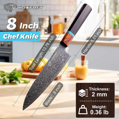 Damascus Chef Knife 8 Inch, 67-Layer Japanese Kitchen Knives Sharp VG-10 High Carbon Stainless Steel with Ergonomic Pakkawood Handles, Elegant Gift Box Packaging for Home and Kitchen