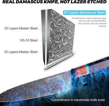 Damascus Chef Knife 8 Inch, 67-Layer Japanese Kitchen Knives Sharp VG-10 High Carbon Stainless Steel with Ergonomic Pakkawood Handles, Elegant Gift Box Packaging for Home and Kitchen