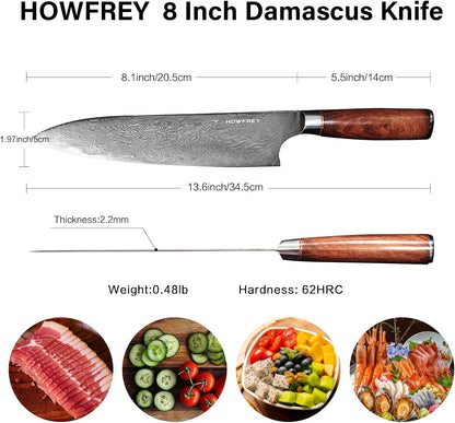 Damascus Chef Knife 8 Inch, 67-Layer Japanese Kitchen Knives Sharp VG-10 High Carbon Stainless Steel with Ergonomic Pakkawood Handles, Elegant Gift Box Packaging for Home and Kitchen