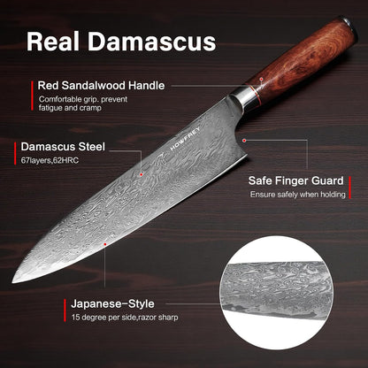 Damascus Chef Knife 8 Inch, 67-Layer Japanese Kitchen Knives Sharp VG-10 High Carbon Stainless Steel with Ergonomic Pakkawood Handles, Elegant Gift Box Packaging for Home and Kitchen