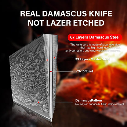 Damascus Chef Knife 8 Inch, 67-Layer Japanese Kitchen Knives Sharp VG-10 High Carbon Stainless Steel with Ergonomic Pakkawood Handles, Elegant Gift Box Packaging for Home and Kitchen