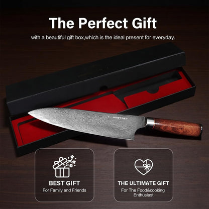 Damascus Chef Knife 8 Inch, 67-Layer Japanese Kitchen Knives Sharp VG-10 High Carbon Stainless Steel with Ergonomic Pakkawood Handles, Elegant Gift Box Packaging for Home and Kitchen